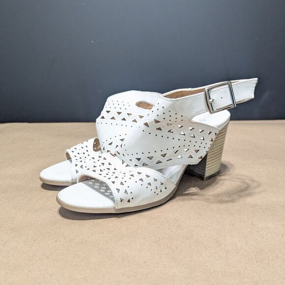 Patrizia Spring Step Arirose Peep Toe Sandals White Faux Leather Heels Womens 7 - Picture 2 of 5